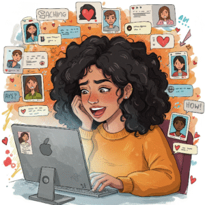 Una mujer en Internet. Frente a la pantalla del ordenador, con expresiones felices y frustradas, rodeada de burbujas de chat y fotos de perfil, representando las experiencias vividas.