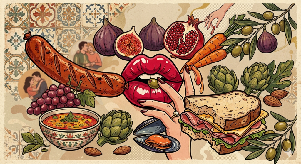 Ilustración de unos labios sensuales mordiendo una aceituna rodeados de sándwich de jamón, marisco e higos. Placeres al dente.