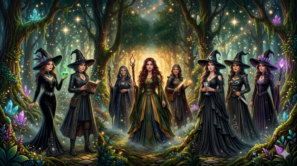 Ilustración de fantasía de un aquelarre en un bosque mágico iluminado por luz dorada, representando a Las Hijas del Caldero