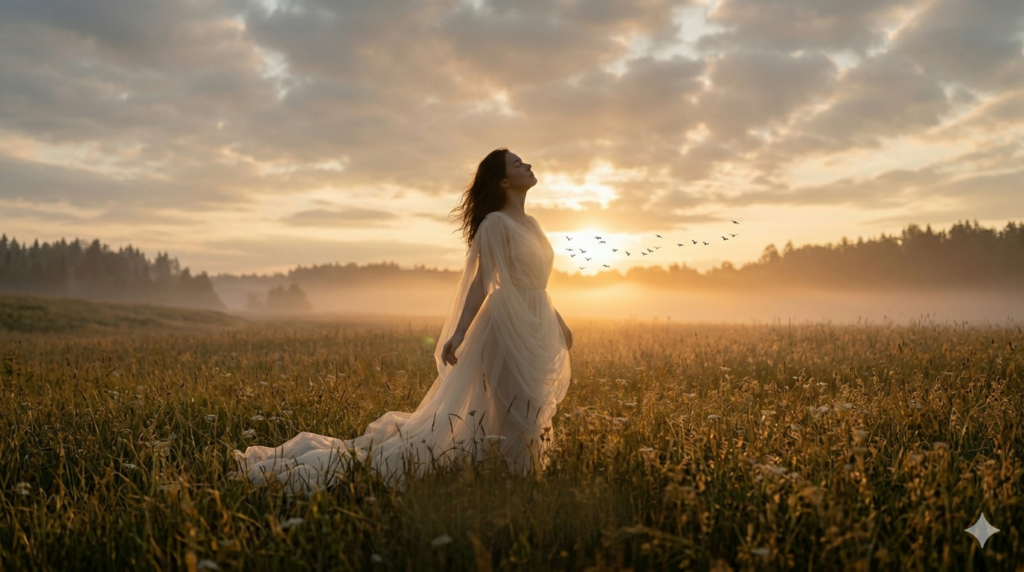 Una mujer solitaria experimenta un momento de paz interior y despertar en un campo brumoso al amanecer, simbolizando la transformación personal y la conexión con la naturaleza.